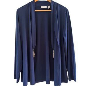 Susan Graver Cardigan Open Front Draped Tassel Knit Medium‎ Navy Blue Sweater M